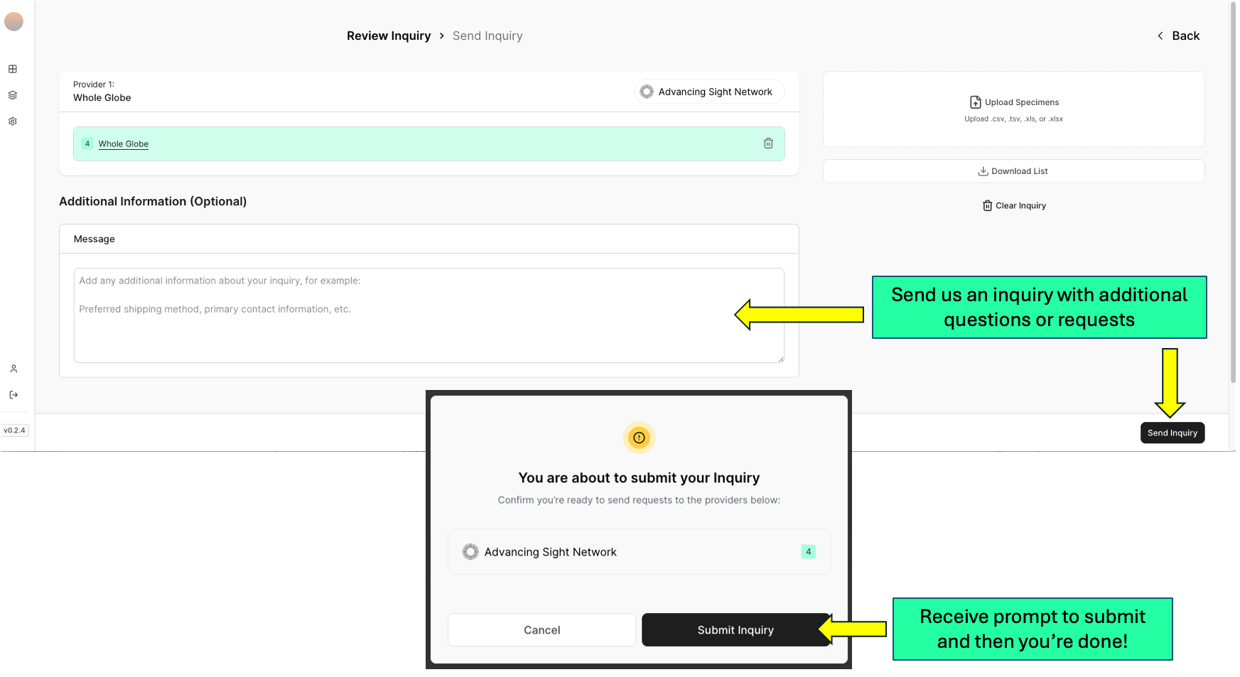 Step 6 - Review inquiry and submit Step 6 - Review inquiry and submit